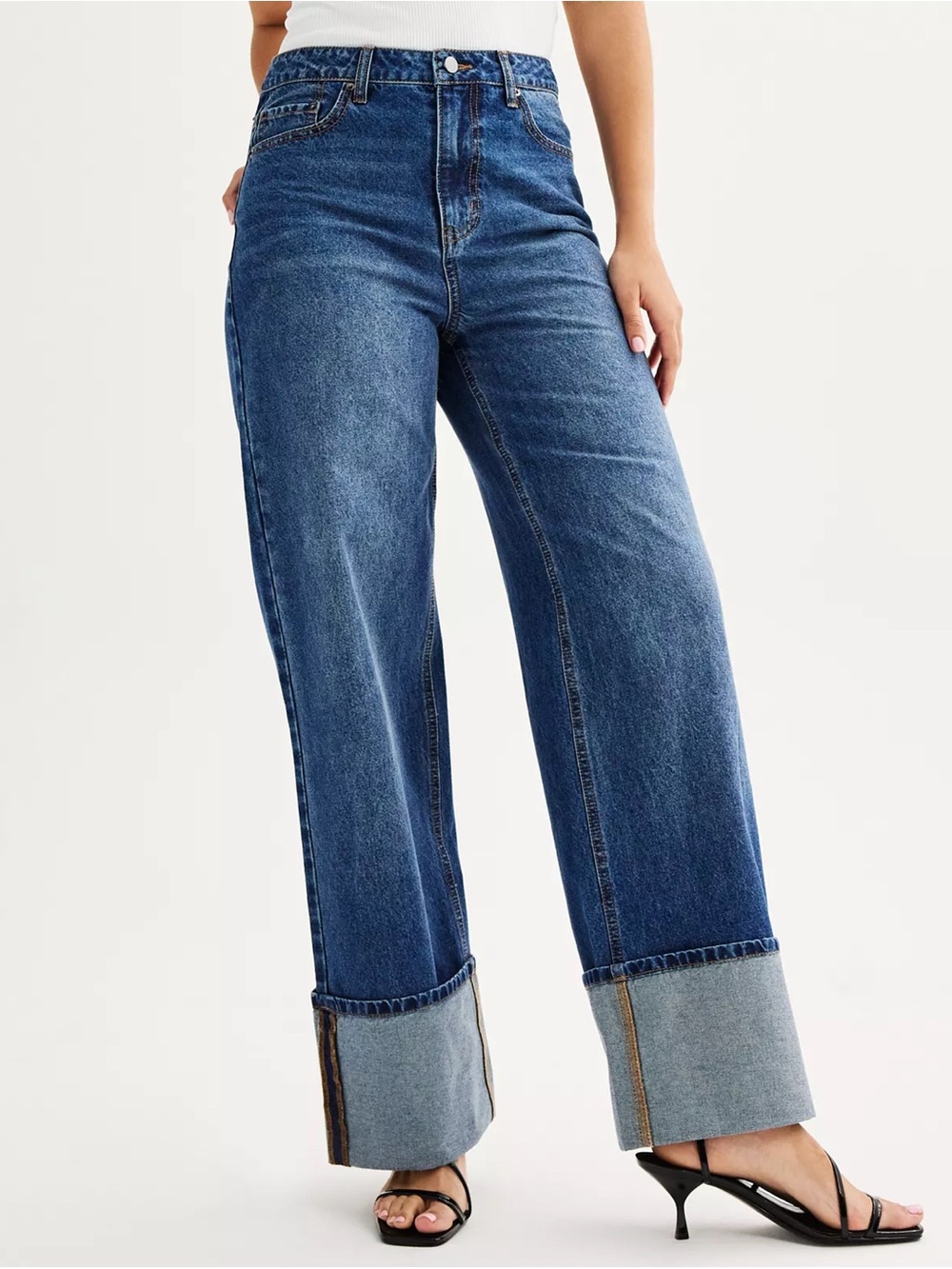NWT Tinseltown High Waist Wide Leg Cuffed Jeans Blue Juniors Size 15